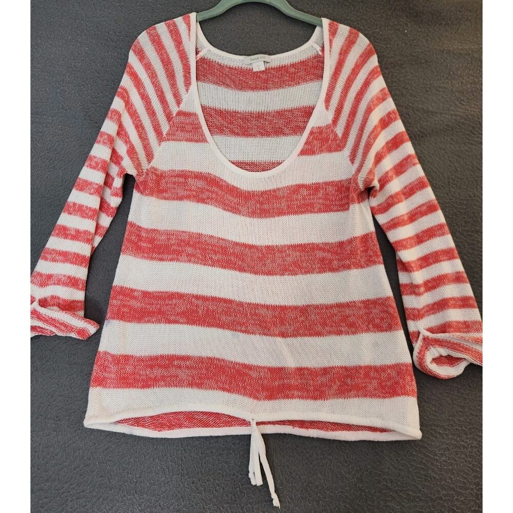 Garnet Hill Sweater Women M Red Striped Cotton‎ 3/4 Sleeve Lightweight Tie Front